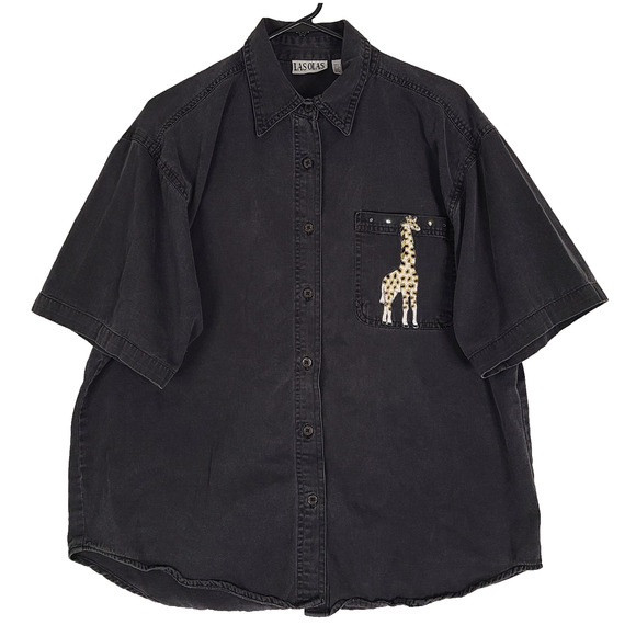 VTG LAS OLAS Button Up Top Large Short Sleeve Giraffe Animal Print 100% Cotton - Picture 1 of 10